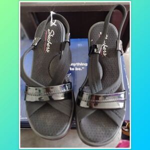 Skechers Womens Black Wedge Heel Slingback Open Toe Slip On Sandals Size 9